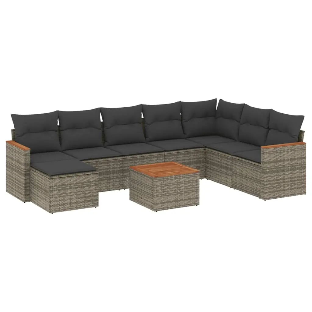 9 Piece Garden Sofa Set with Cushions Grey Poly Rattan 3226256 - Furniture