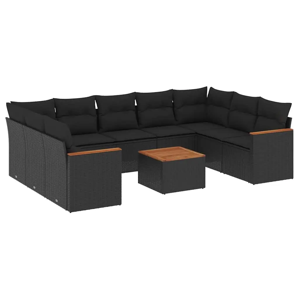 10 Piece Garden Sofa Set with Cushions Black Poly Rattan 3226279 - Furniture