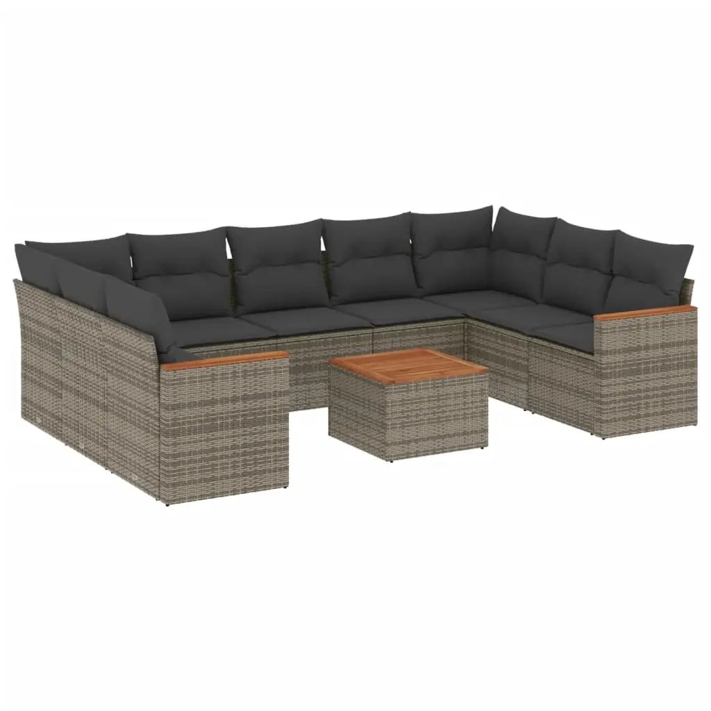10 Piece Garden Sofa Set with Cushions Grey Poly Rattan 3226284 - Furniture