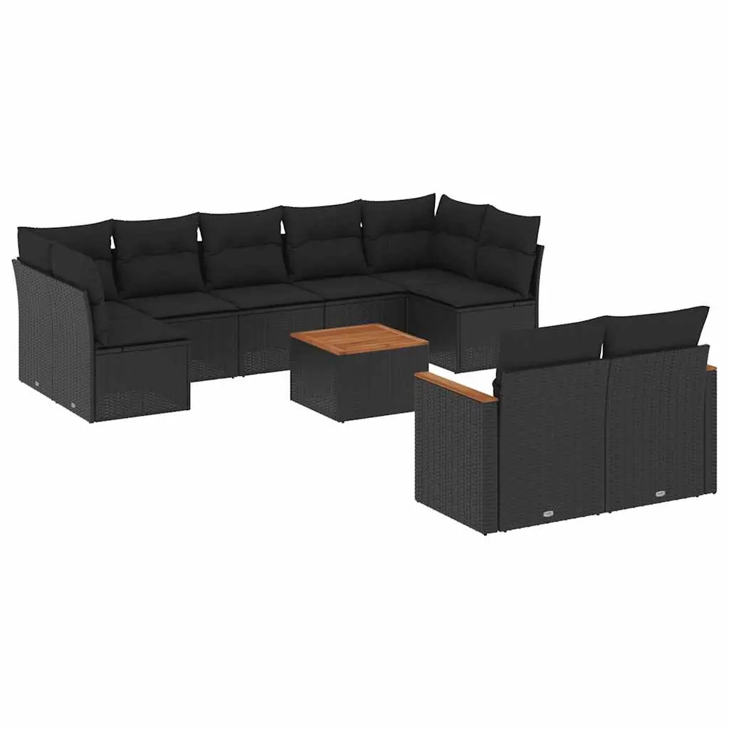 10 Piece Garden Sofa Set with Cushions Black Poly Rattan 3226293 - Furniture
