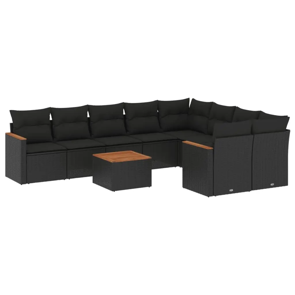 10 Piece Garden Sofa Set with Cushions Black Poly Rattan 3226307 - Furniture