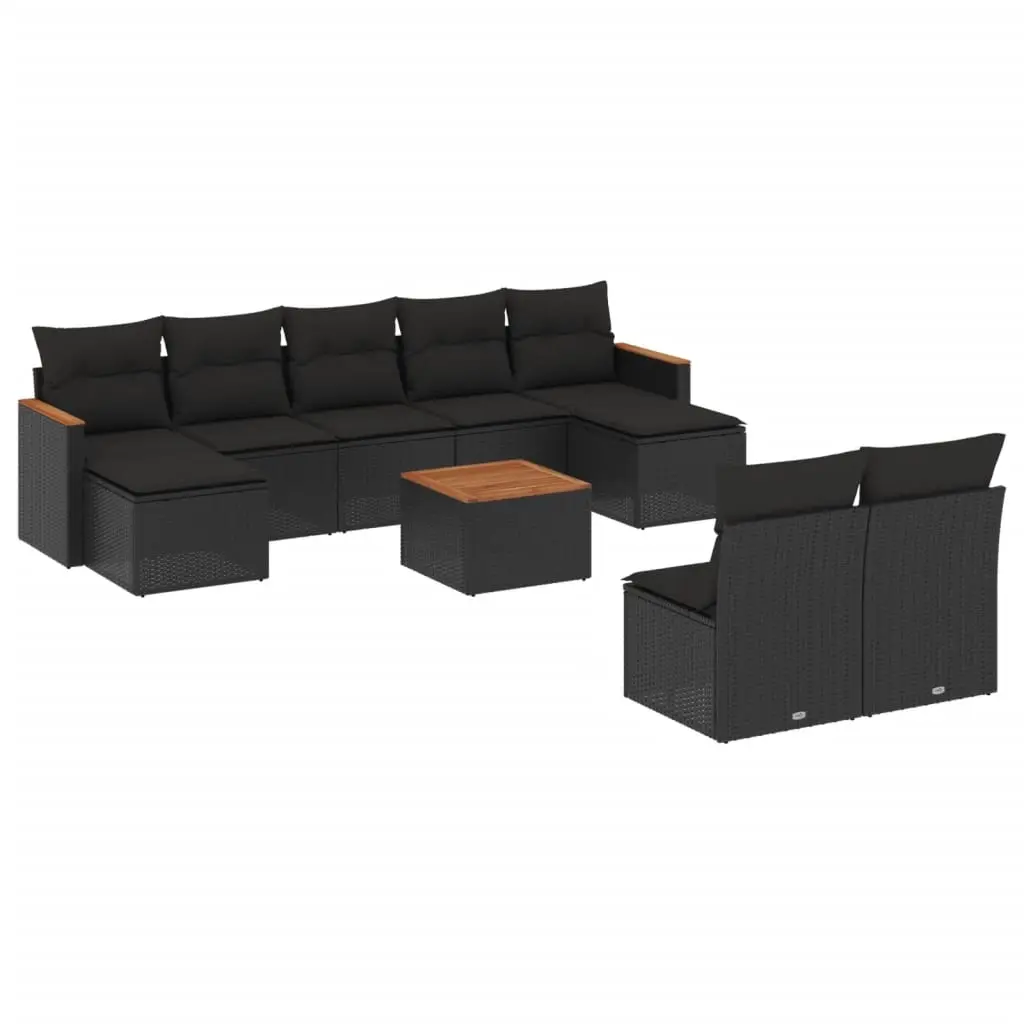 10 Piece Garden Sofa Set with Cushions Black Poly Rattan 3226377 - Furniture