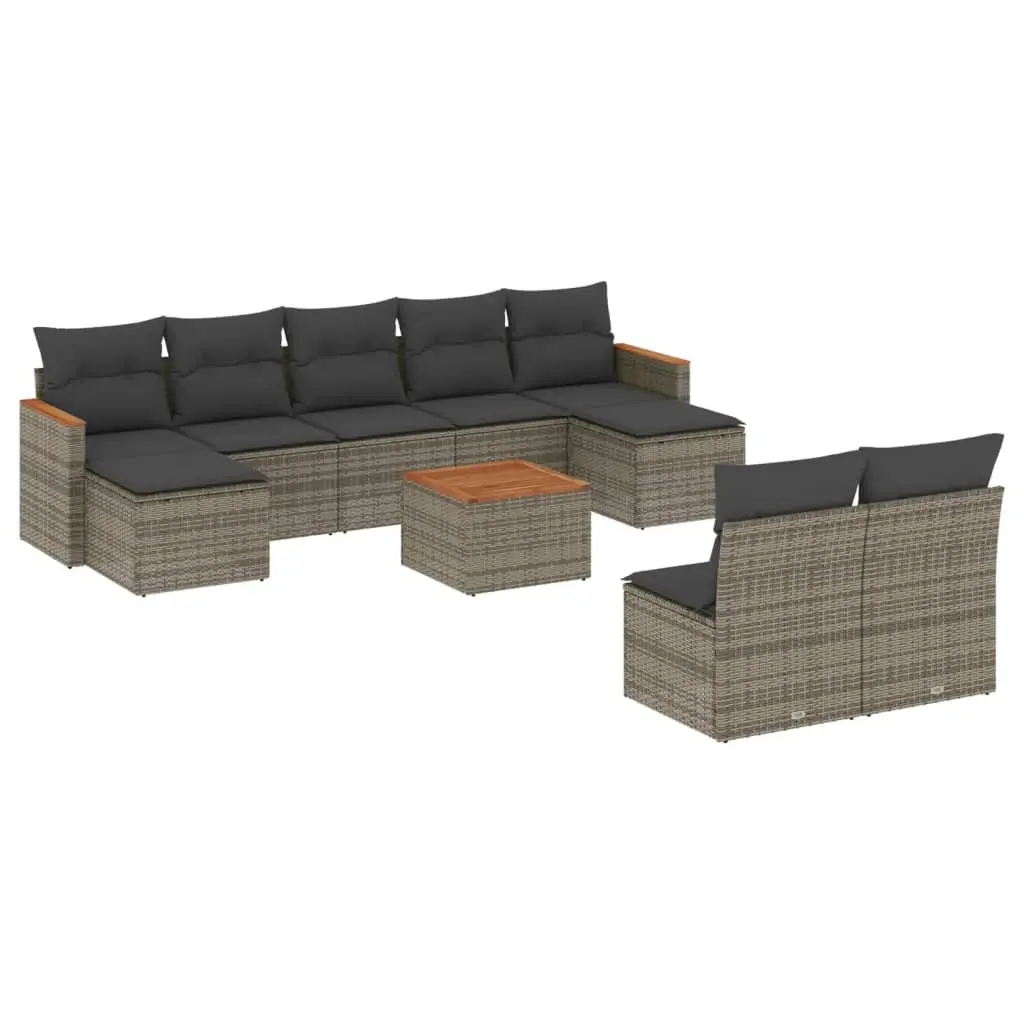 10 Piece Garden Sofa Set with Cushions Grey Poly Rattan 3226382 - Furniture