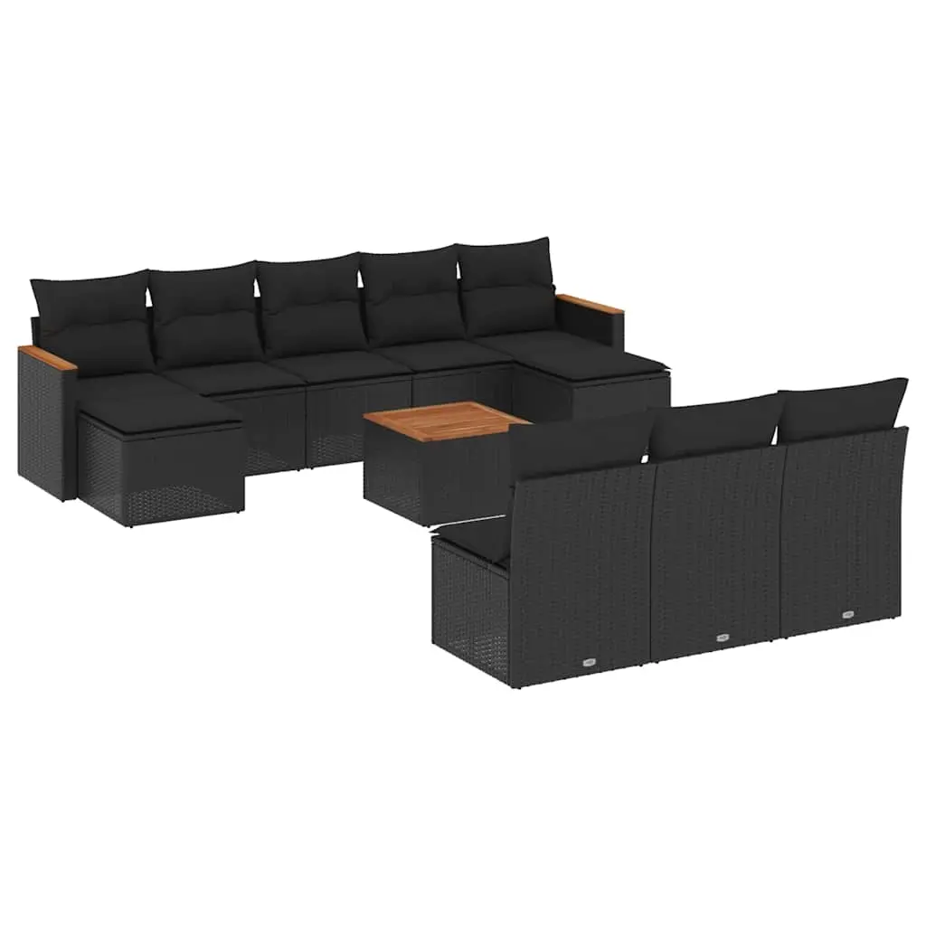 11 Piece Garden Sofa Set with Cushions Black Poly Rattan 3226391 - Furniture