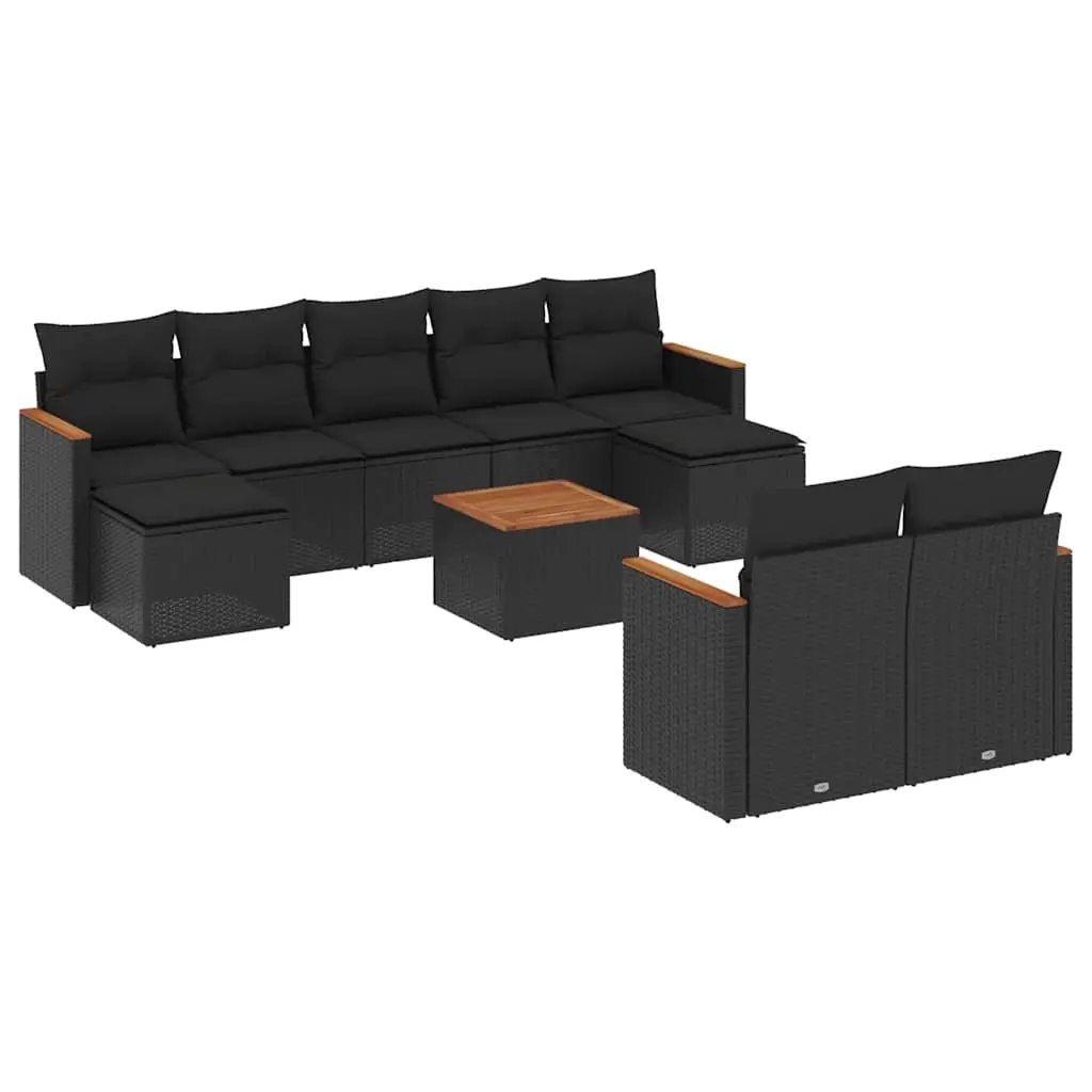 10 Piece Garden Sofa Set with Cushions Black Poly Rattan 3226405 - Furniture