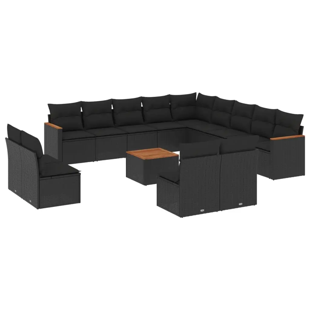 14 Piece Garden Sofa Set with Cushions Black Poly Rattan 3226489 - Furniture