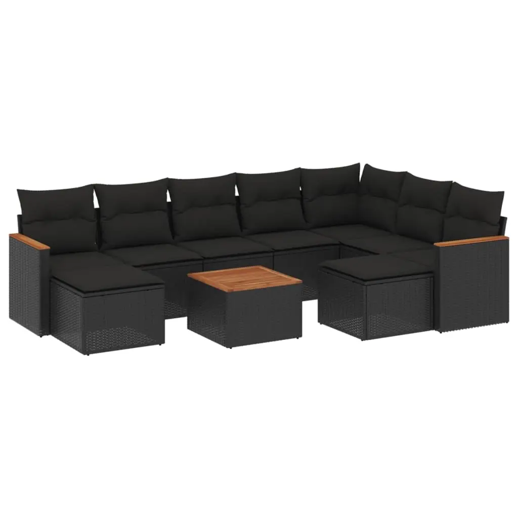 10 Piece Garden Sofa Set with Cushions Black Poly Rattan 3226545 - Furniture
