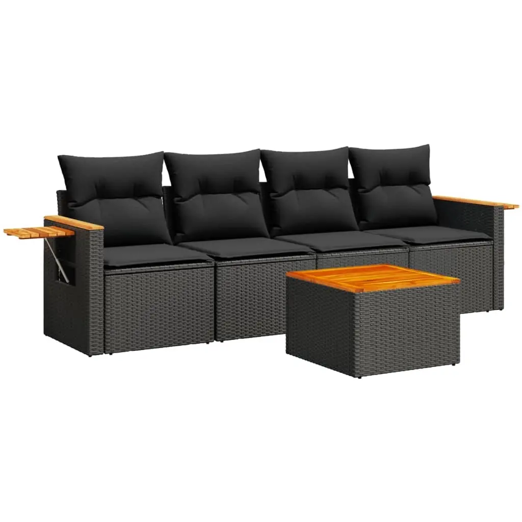 5 Piece Garden Sofa Set with Cushions Black Poly Rattan 3226615 - Furniture