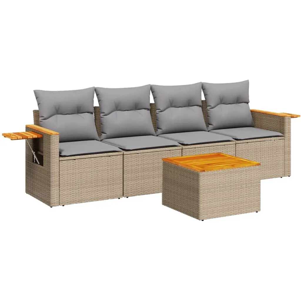 5 Piece Garden Sofa Set with Cushions Beige Poly Rattan 3226619 - Furniture