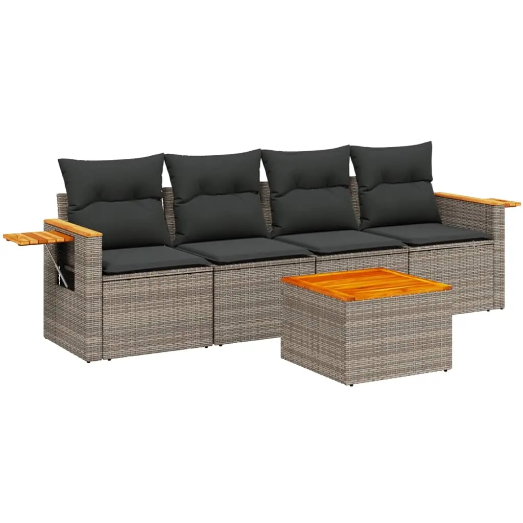 5 Piece Garden Sofa Set with Cushions Grey Poly Rattan 3226620 - Furniture