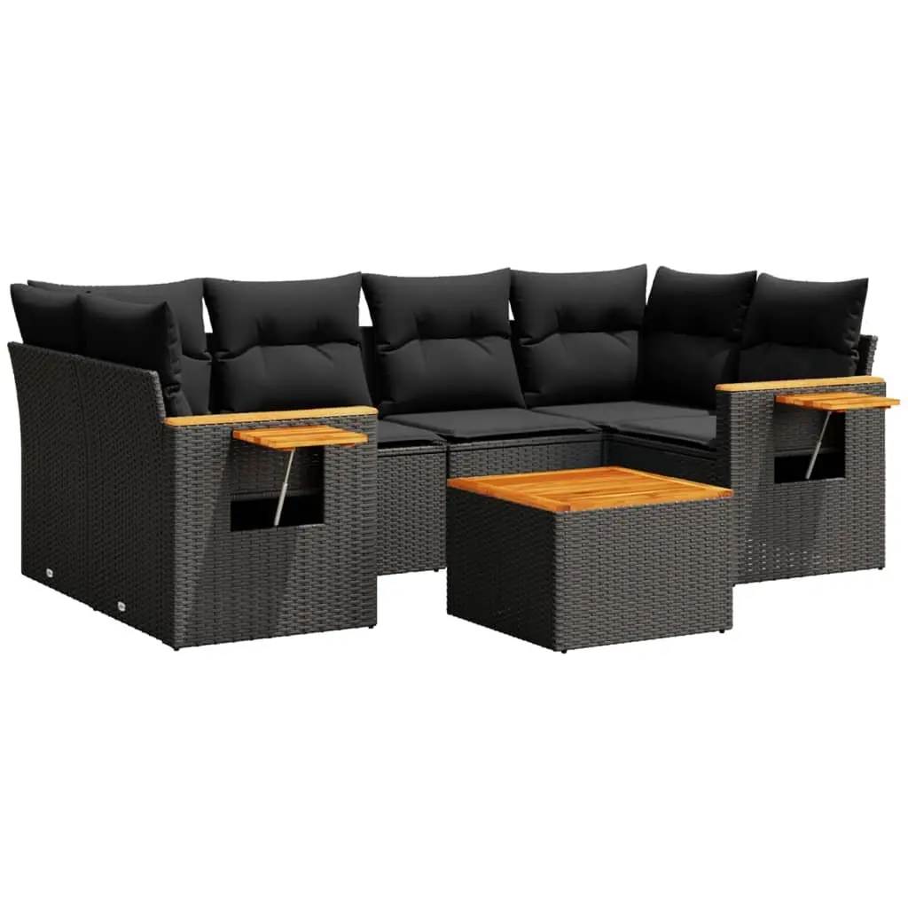 7 Piece Garden Sofa Set with Cushions Black Poly Rattan 3226636 - Furniture