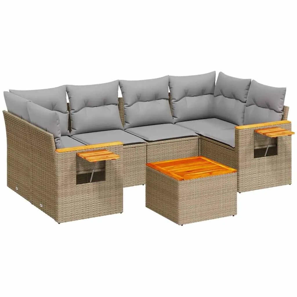 7 Piece Garden Sofa Set with Cushions Beige Poly Rattan 3226640 - Furniture