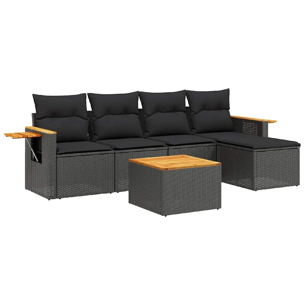 6 Piece Garden Sofa Set with Cushions Black Poly Rattan 3226762 - Furniture