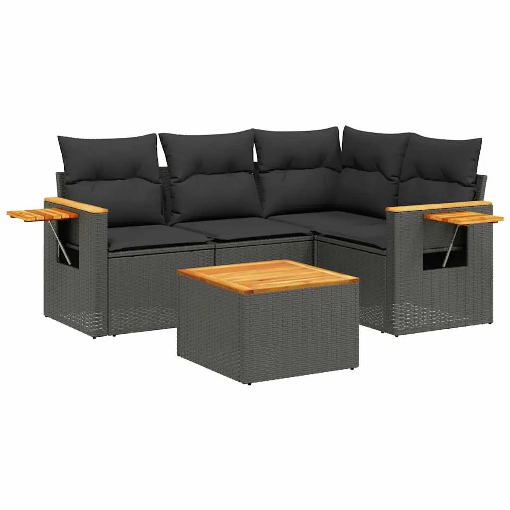 5 Piece Garden Sofa Set with Cushions Black Poly Rattan 3226776 - Furniture