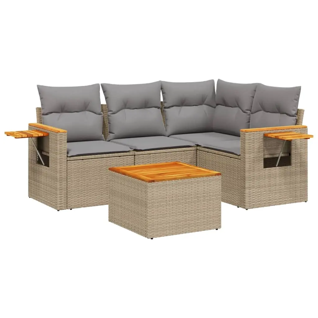 5 Piece Garden Sofa Set with Cushions Beige Poly Rattan 3226780 - Furniture