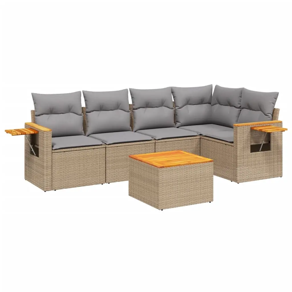 6 Piece Garden Sofa Set with Cushions Beige Poly Rattan 3226794 - Furniture