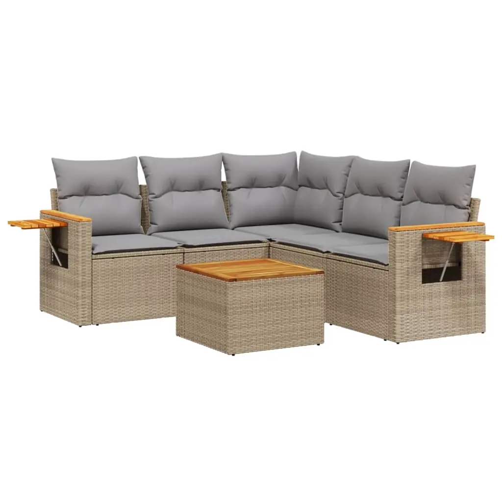 6 Piece Garden Sofa Set with Cushions Beige Poly Rattan 3226808 - Furniture