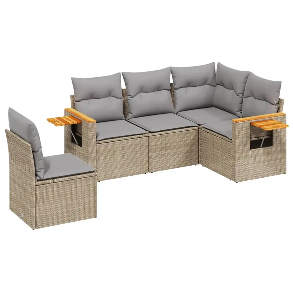 5 Piece Garden Sofa Set with Cushions Beige Poly Rattan 3226815 - Furniture