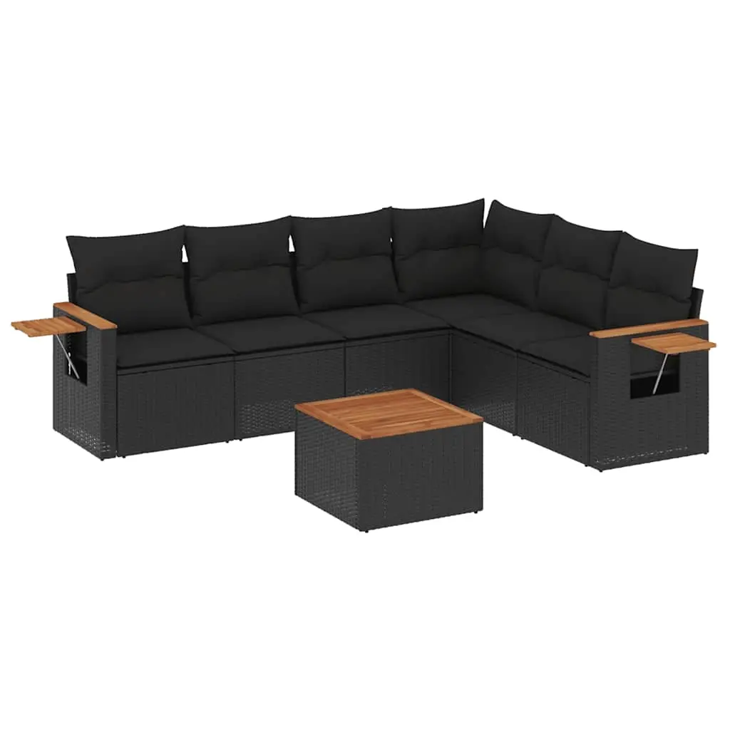 7 Piece Garden Sofa Set with Cushions Black Poly Rattan 3226846 - Furniture