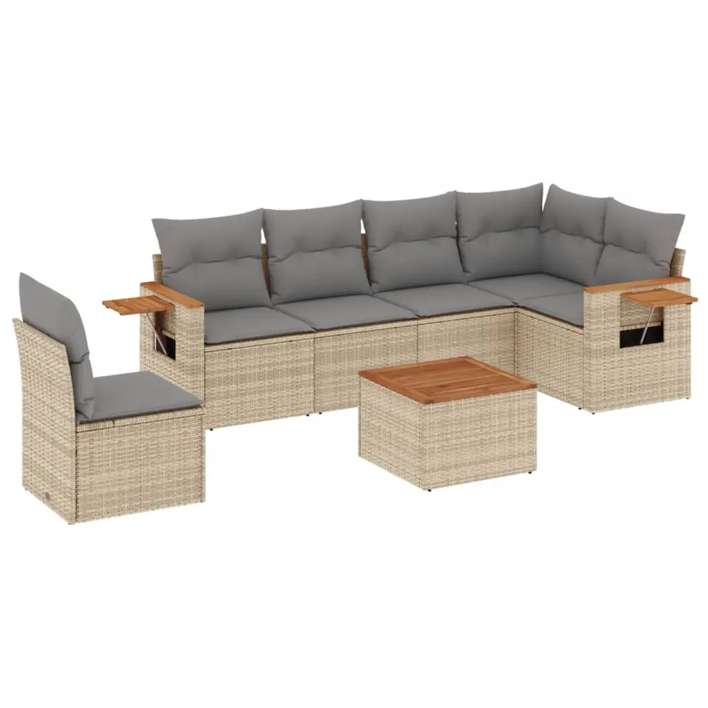 7 Piece Garden Sofa Set with Cushions Beige Poly Rattan 3226864 - Furniture