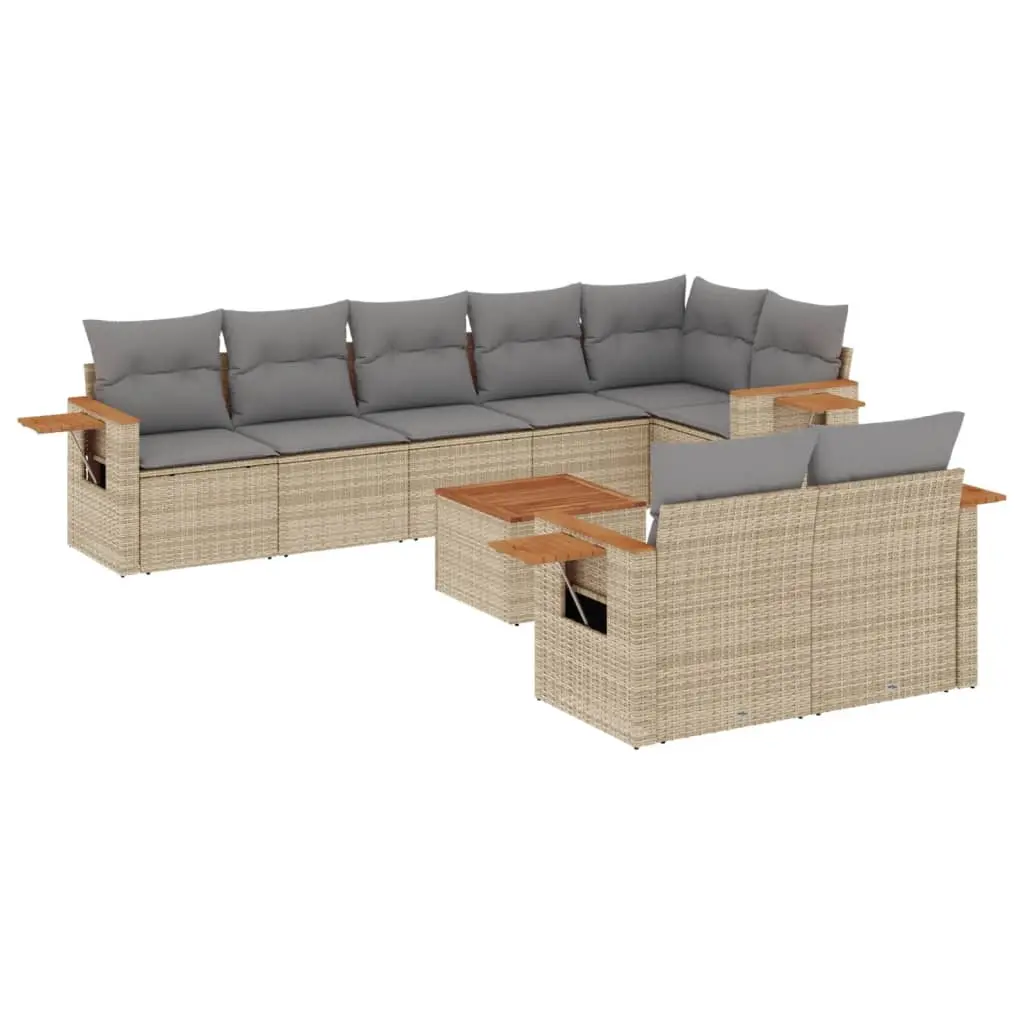 9 Piece Garden Sofa Set with Cushions Beige Poly Rattan 3226997 - Furniture