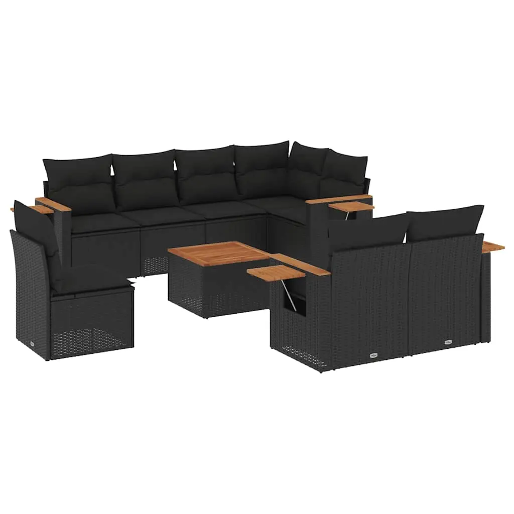 9 Piece Garden Sofa Set with Cushions Black Poly Rattan 3227007 - Furniture
