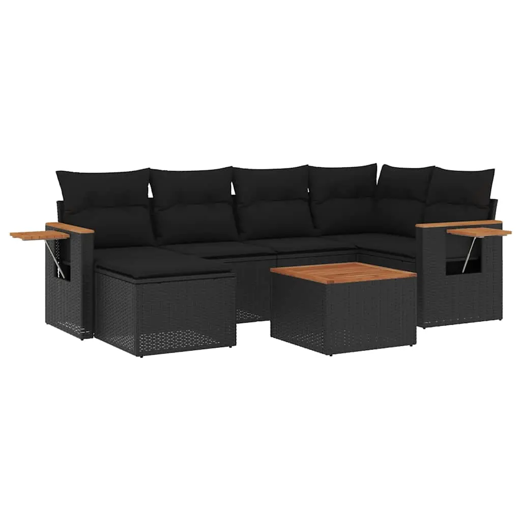 7 Piece Garden Sofa Set with Cushions Black Poly Rattan 3227021 - Furniture