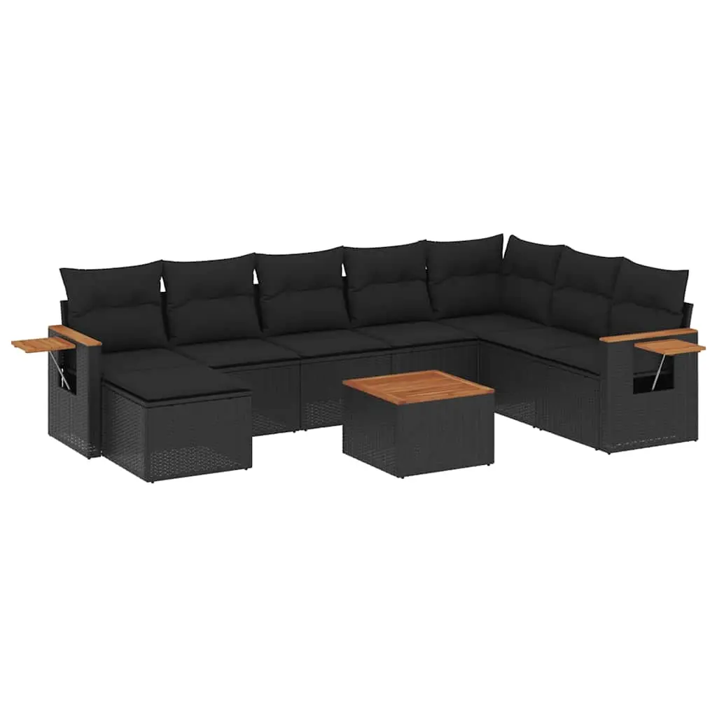 9 Piece Garden Sofa Set with Cushions Black Poly Rattan 3227091 - Furniture