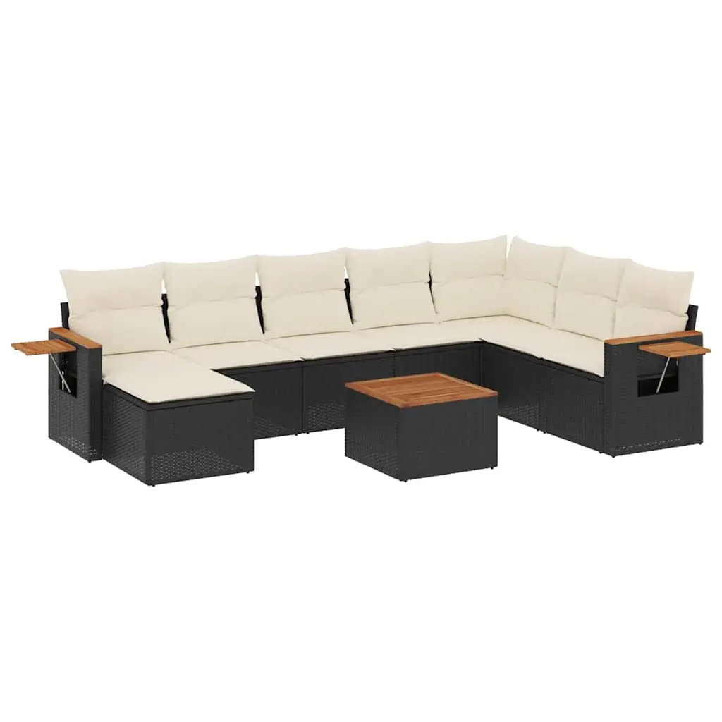 9 Piece Garden Sofa Set with Cushions Black Poly Rattan 3227092 - Furniture