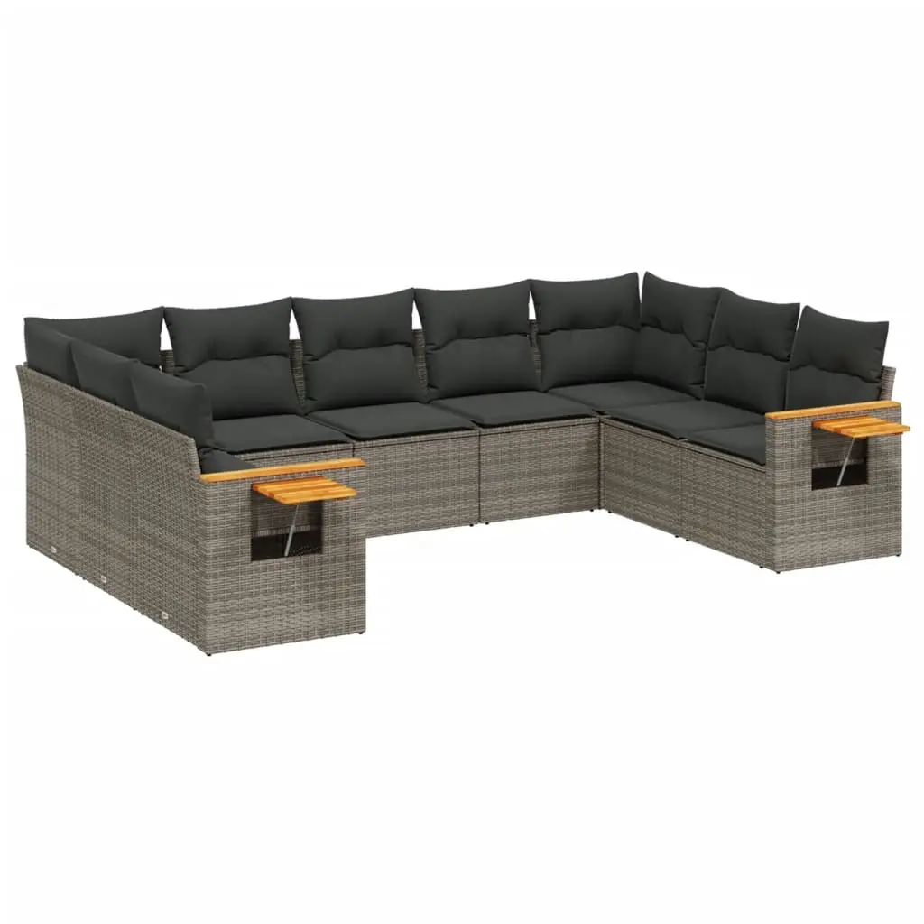 9 Piece Garden Sofa Set with Cushions Grey Poly Rattan 3227117 - Furniture