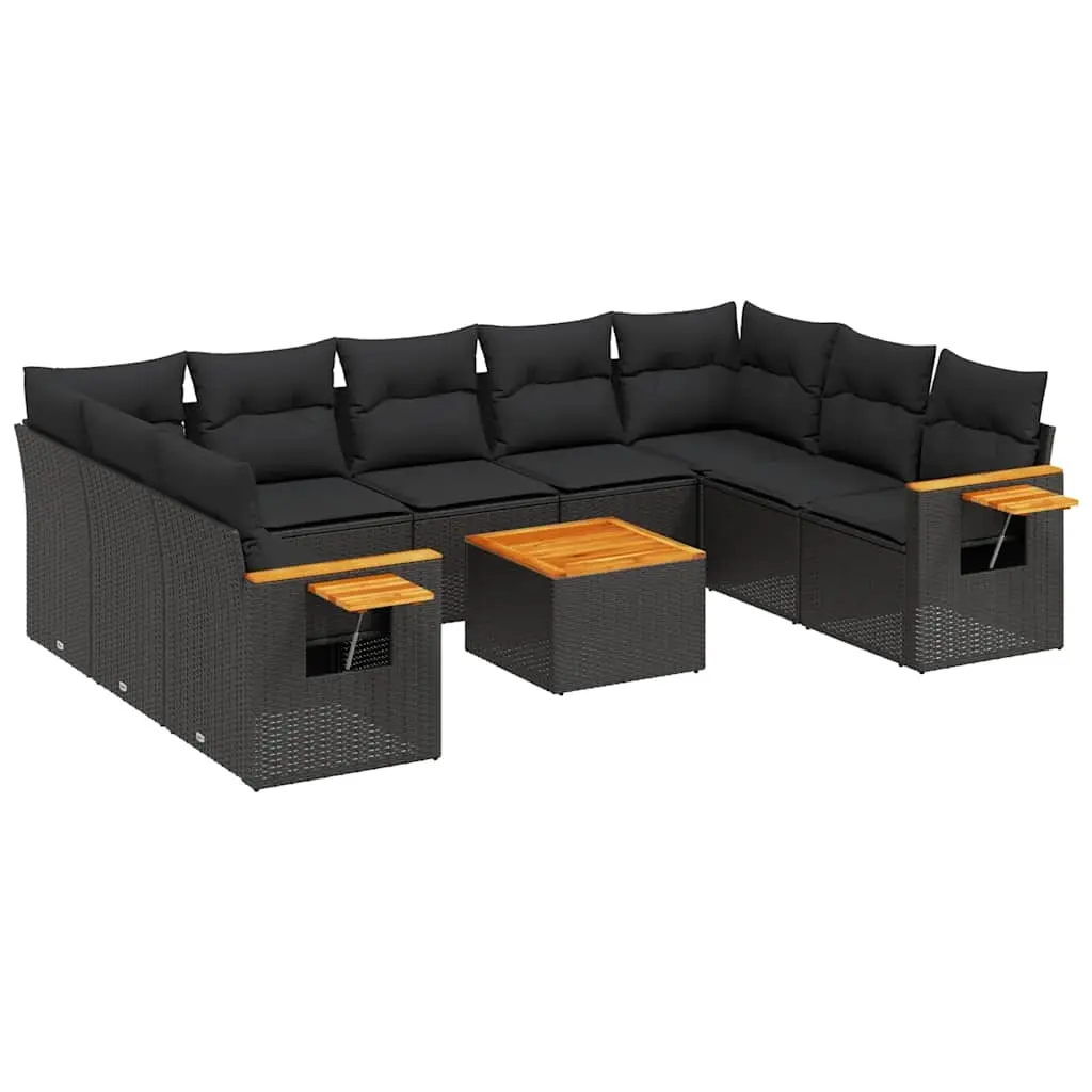 10 Piece Garden Sofa Set with Cushions Black Poly Rattan 3227119 - Furniture