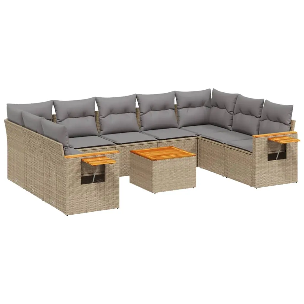 10 Piece Garden Sofa Set with Cushions Beige Poly Rattan 3227123 - Furniture