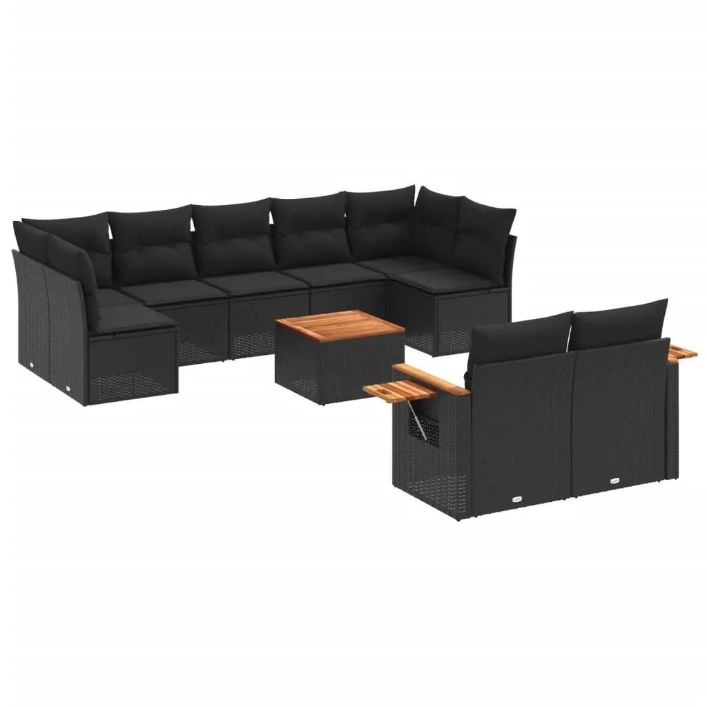 10 Piece Garden Sofa Set with Cushions Black Poly Rattan 3227133 - Furniture