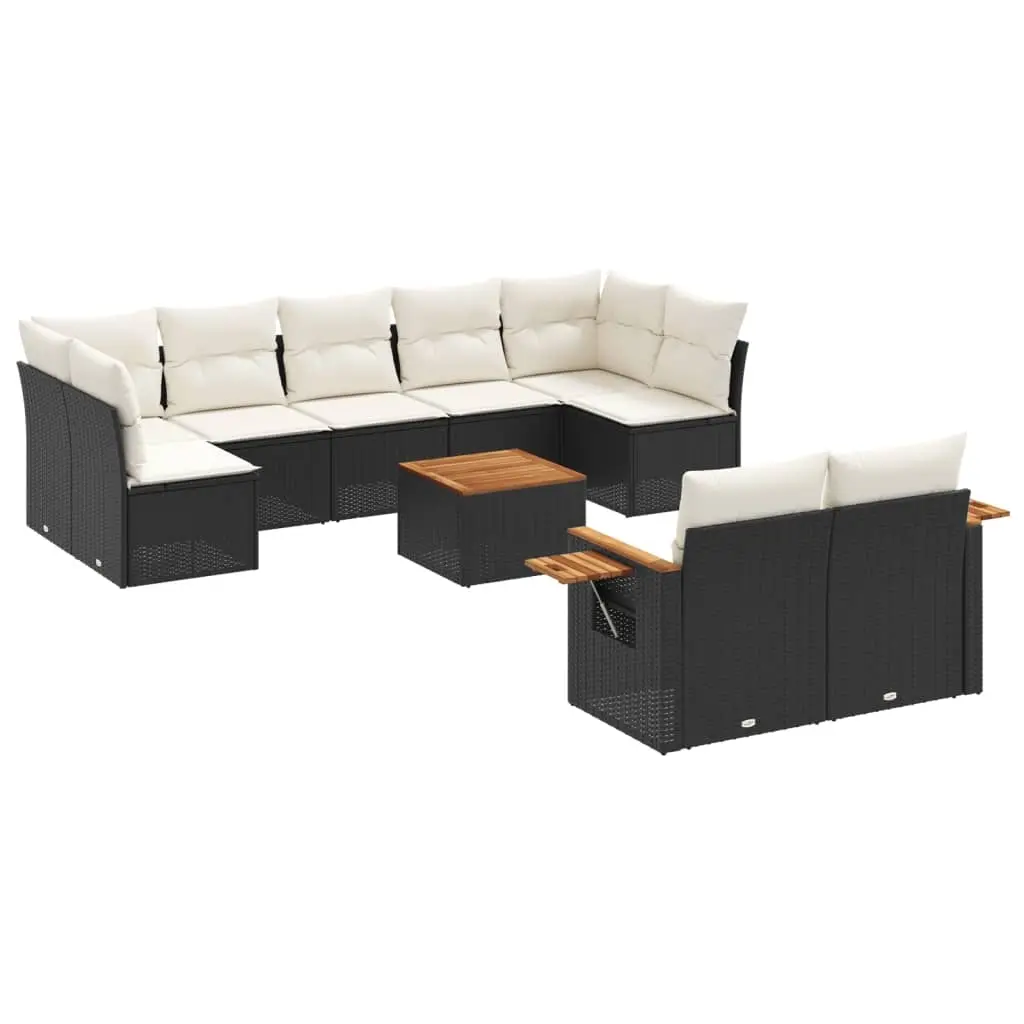 10 Piece Garden Sofa Set with Cushions Black Poly Rattan 3227134 - Furniture