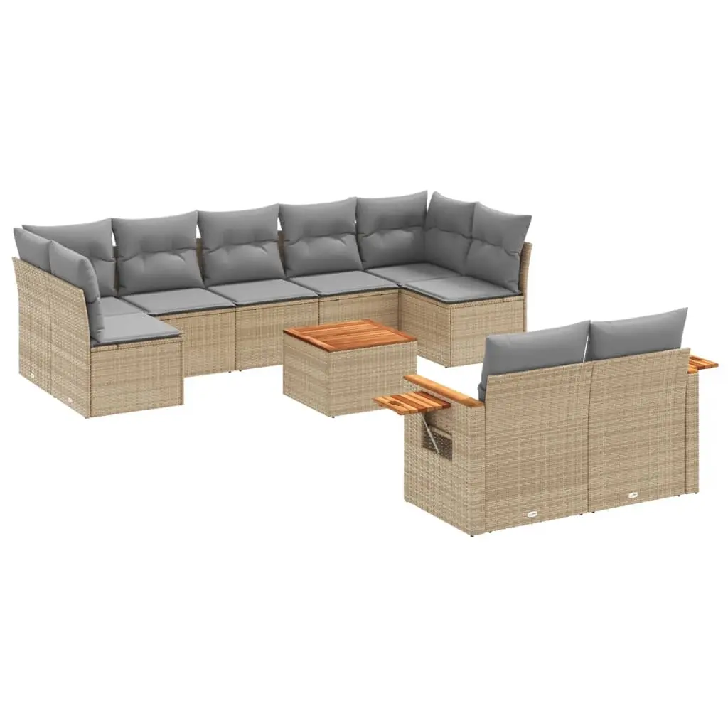10 Piece Garden Sofa Set with Cushions Beige Poly Rattan 3227137 - Furniture