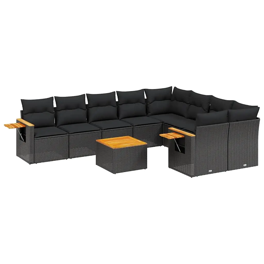 10 Piece Garden Sofa Set with Cushions Black Poly Rattan 3227147 - Furniture