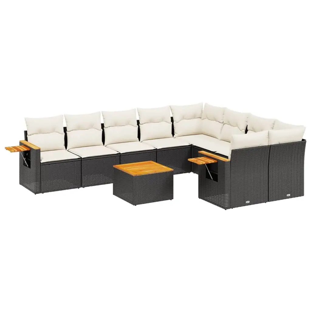 10 Piece Garden Sofa Set with Cushions Black Poly Rattan 3227148 - Furniture
