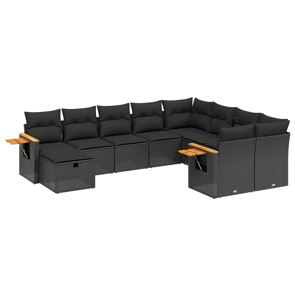 10 Piece Garden Sofa Set with Cushions Black Poly Rattan 3227154 - Furniture