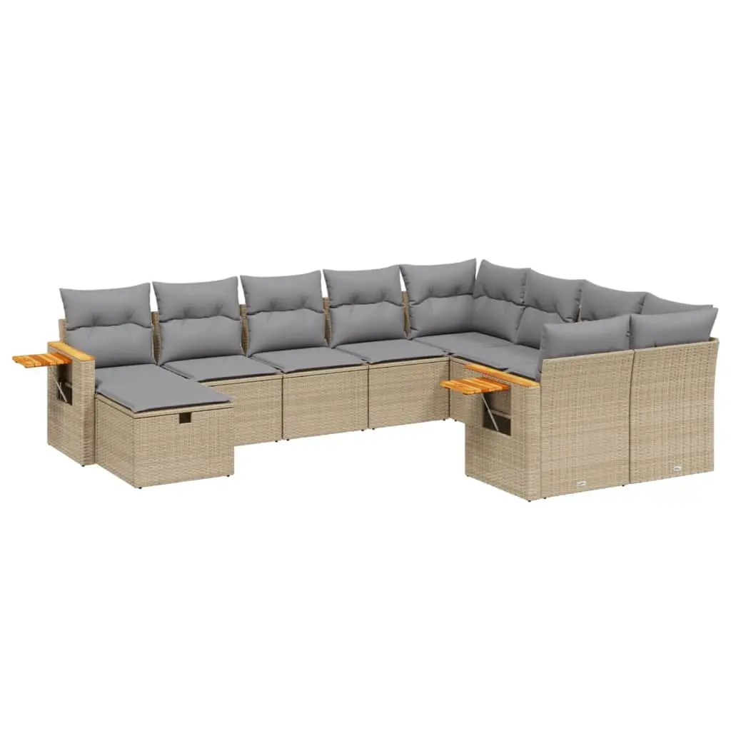 10 Piece Garden Sofa Set with Cushions Beige Poly Rattan 3227158 - Furniture