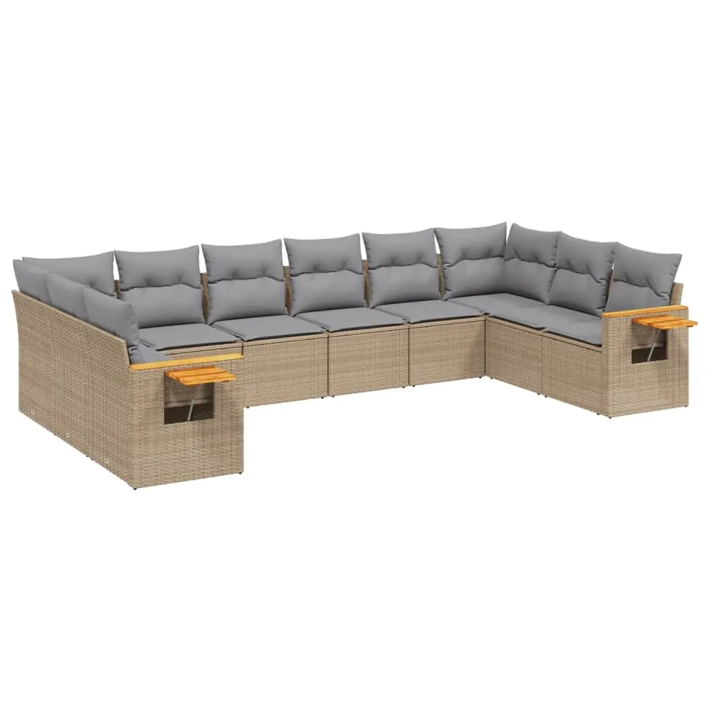 10 Piece Garden Sofa Set with Cushions Beige Poly Rattan 3227165 - Furniture