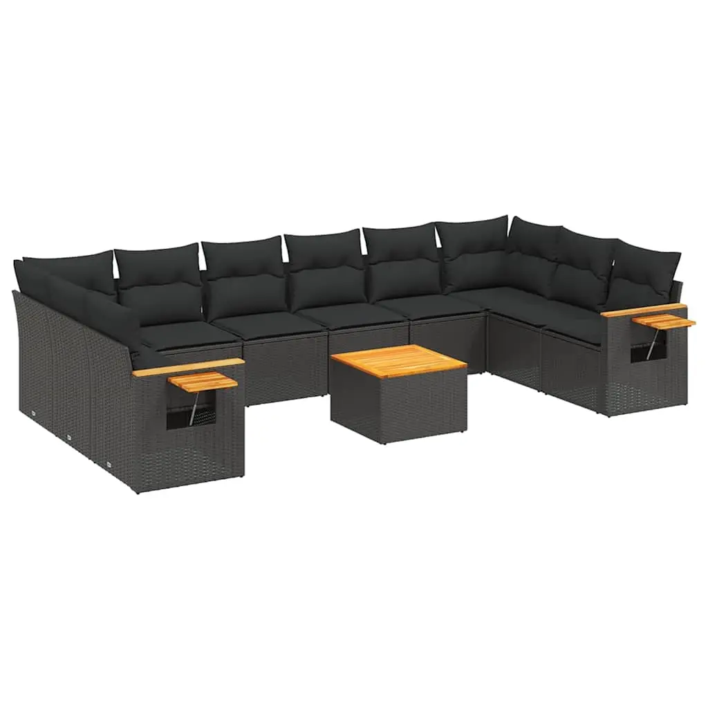 11 Piece Garden Sofa Set with Cushions Black Poly Rattan 3227168 - Furniture