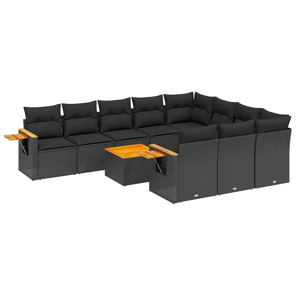 11 Piece Garden Sofa Set with Cushions Black Poly Rattan 3227182 - Furniture