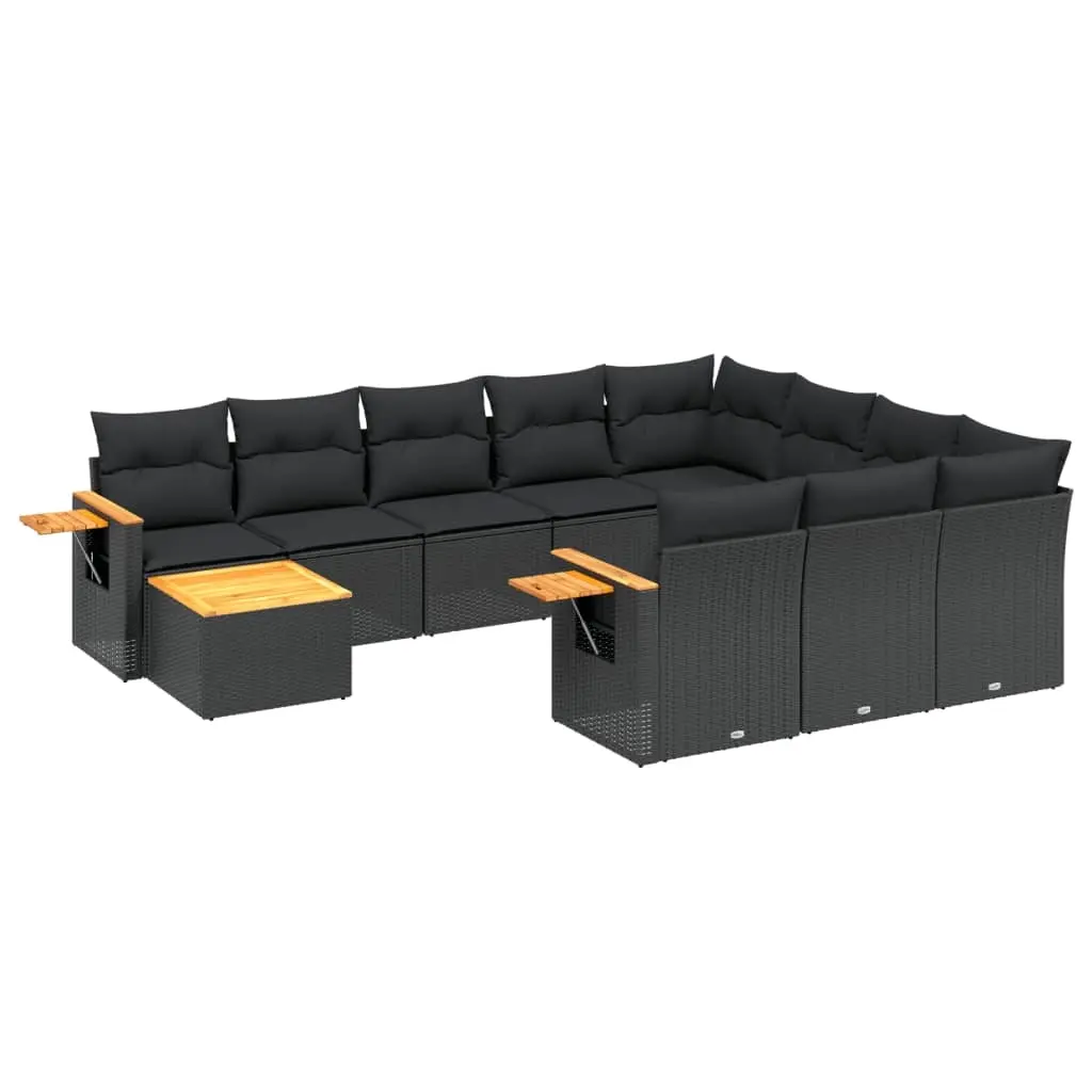 11 Piece Garden Sofa Set with Cushions Black Poly Rattan 3227203 - Furniture