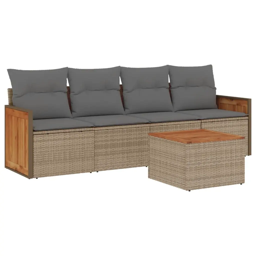 5 Piece Garden Sofa Set with Cushions Beige Poly Rattan 3227459 - Furniture