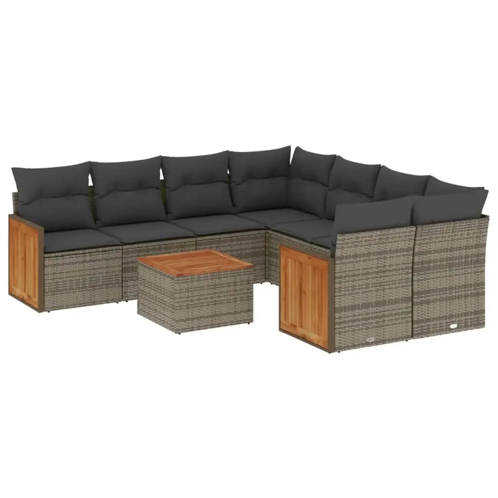 9 Piece Garden Sofa Set with Cushions Grey Poly Rattan 3227509 - Furniture