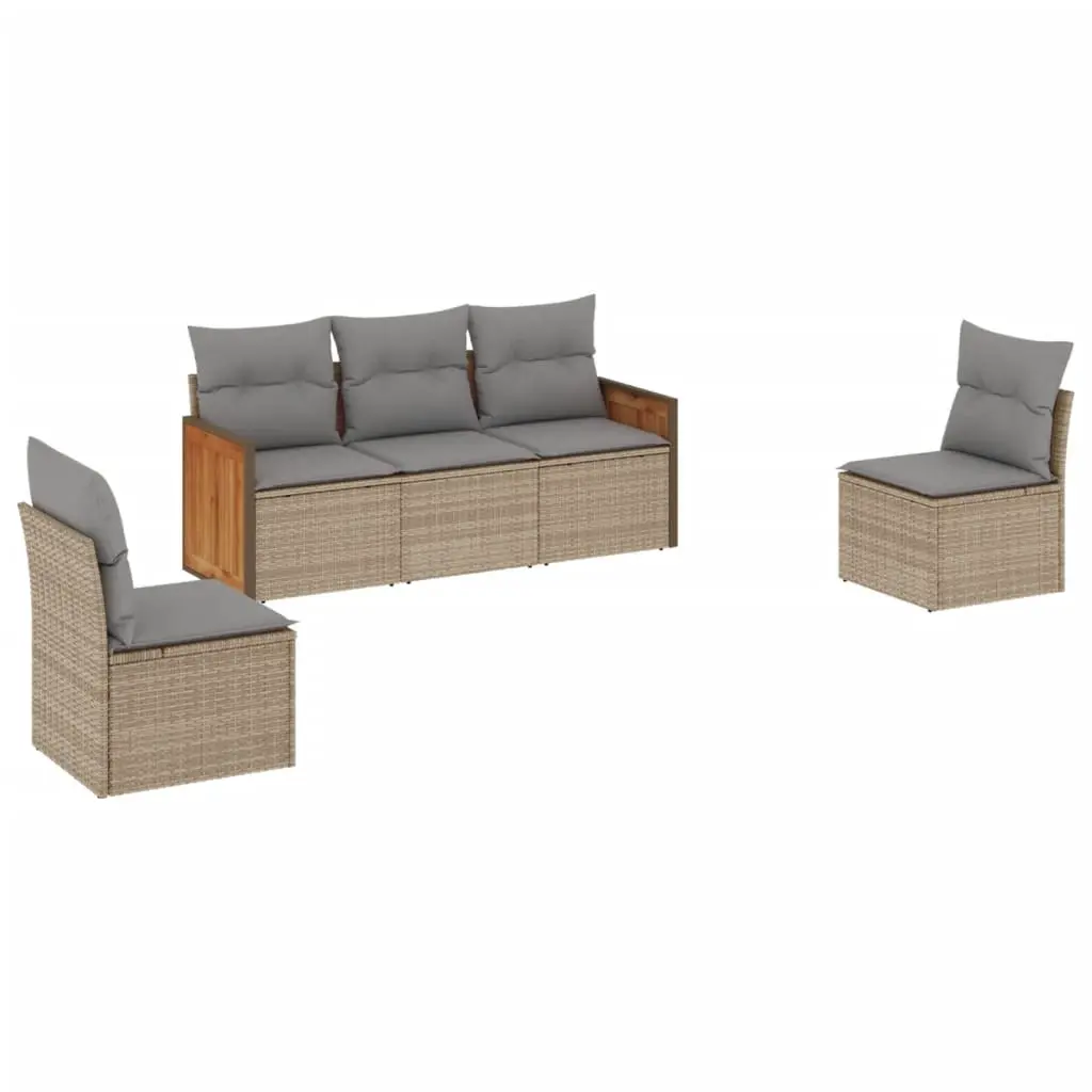 5 Piece Garden Sofa Set with Cushions Beige Poly Rattan 3227529 - Furniture