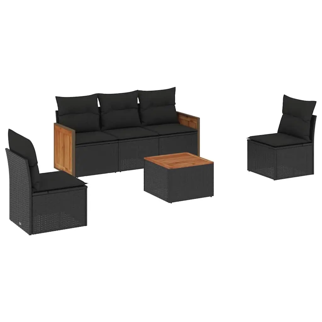 6 Piece Garden Sofa Set with Cushions Black Poly Rattan 3227532 - Furniture