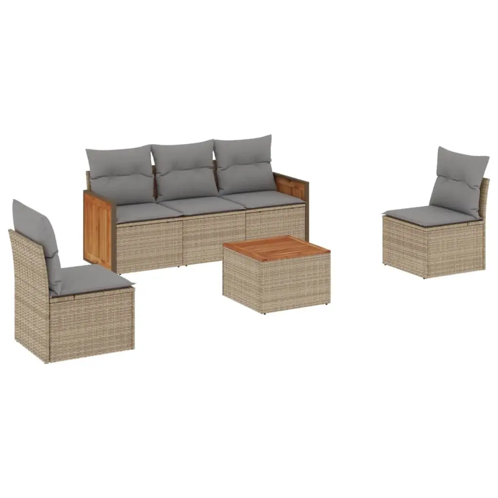 6 Piece Garden Sofa Set with Cushions Beige Poly Rattan 3227536 - Furniture