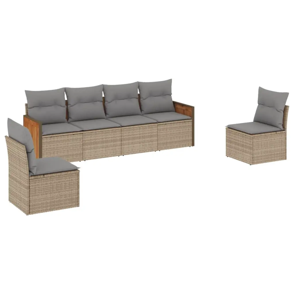 6 Piece Garden Sofa Set with Cushions Beige Poly Rattan 3227543 - Furniture