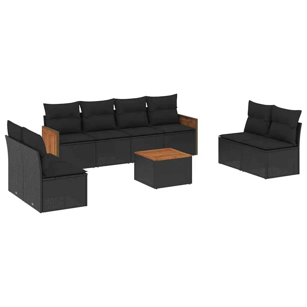 9 Piece Garden Sofa Set with Cushions Black Poly Rattan 3227574 - Furniture